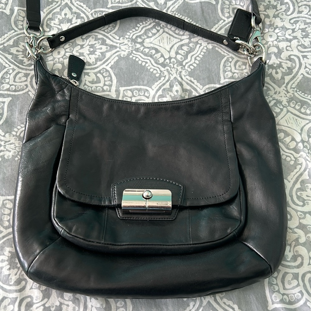 COACH black leather crossbody bag with silver zippers and 2 straps